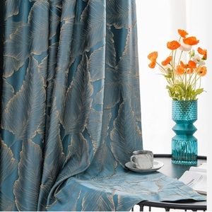 Jacquard Chenille Curtains - 2 Panels Set (2 x 52 x 84 Inch,Blue and Gold)